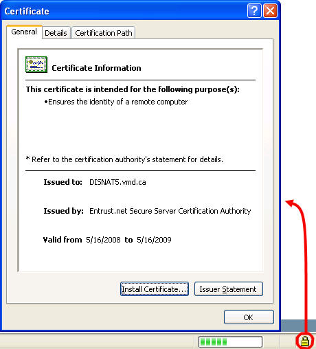 screenshot indiquant comment afficher le certificat de sécurité dans internet explorer