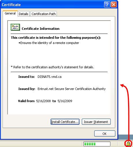 Saisie d'écran indiquant comment afficher le certificat de sécurité dans internet explorer